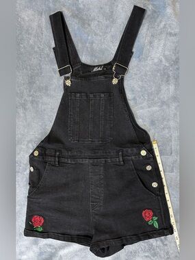 Motel Black Denim Short Overalls with Red Rose Embroidery